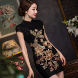 夏装短款黑色中式礼服性感蕾丝民族风刺绣修身显瘦时尚旗袍连衣裙