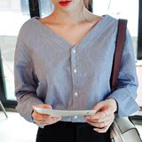 韩国代购因为爱情有幸福同款韩版学生纯棉V领条纹显瘦百搭女衬衫