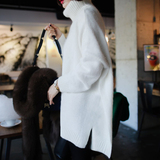 韩版女装慵懒宽松套头针织衫打底衫加厚白色开叉中长款高领毛衣