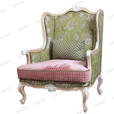 老虎椅美式实木布艺单人沙发椅高靠背休闲椅子卧室复古印花咖啡椅