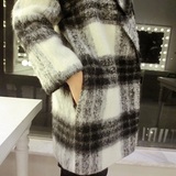 韩国代购2015秋冬新品高端品牌气质黑白格子中长款毛呢大衣外套女