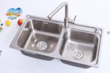 品牌华尔顿厨房水槽304不锈钢一体成型水盆双槽洗菜盆780mm*420mm