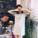 韩国订单 夏季立领短袖POLO衫中长款刺绣小兔子纯棉T恤女连衣裙