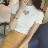 韩国爱心刺绣镂空网纱白色T恤女夏修身短袖打底衫半高领心型上衣