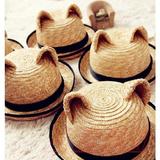 帽子女韩版夏天可爱猫耳朵帽子麦秆草帽卷边圆顶小礼帽亲子太阳帽