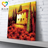 真心意数字油画欧式树林城堡diy油画手绘客厅装饰画日暮红花包邮