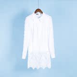 布T 2016新品 秋装 雪纺蕾丝拼接袖套头中长款弹力女衬衫103剪标