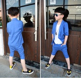 2016夏新款韩版潮童装男童短袖西装七分裤儿童休闲三件套棉麻套装