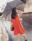 CCER2016夏上新橘红色蕾丝拼接波西米亚百褶V领吊带中长款连衣裙