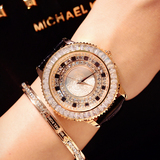 奢华防水真皮表带手表 采用施华洛世奇元素水钻女表 大表盘腕表