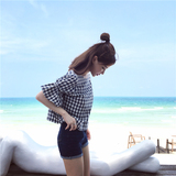 韩版夏季宽松喇叭袖短款露背棉麻黑白格子衬衫女短袖娃娃衫上衣