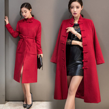 欧洲站T台走秀冬新款韩女装中国风红旗袍中长款羊绒毛呢外套大衣