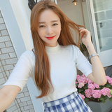 韩国半高领t恤女中袖修身显瘦上衣五分袖打底衫半袖纯棉小衫学生