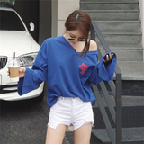 韩国女装正品代购2016夏季新款大V领露肩字母宽松休闲长袖T恤