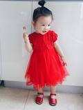 女童春夏公主裙儿童红色蕾丝连衣裙宝宝裙子婴儿周岁生日百岁礼服