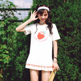 爱爱丸原创设计 夏装新款草莓百褶裙彩虹缎带雪纺短袖连衣裙