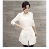 2016新品女棉衬衫韩版中长款修身显瘦长袖白衬衣女上衣格子连衣裙