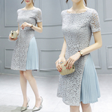 2016夏季新款韩版女装短袖蕾丝连衣裙女夏中长款修身雪纺百褶裙子