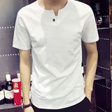 男士短袖T恤夏 单色纯棉纯色v领衣服修身男装体恤 白色半袖打底衫
