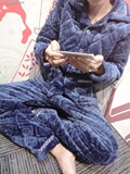 男士睡衣加绒加厚珊瑚绒法兰绒三层时尚大码藏蓝色保暖家居服外套