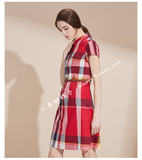韩国HAZ**真品亚麻面料英伦风格子短袖连衣裙红色藏蓝色