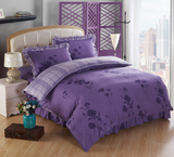 秋水伊人 紫色全棉纯棉花朵韩版床单床裙床罩防滑枕套被套 四件套