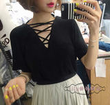 lily韩国东大门代购2016夏季新款潮流百搭个性系绳领修身时装上衣