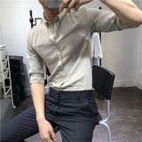 韩国代购夏季亚麻七分袖衬衫男 短袖修身薄款英伦潮中袖衫衣7分袖