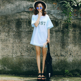 YEP!2016夏新款韩版欧根纱长款宽松印花T恤拼接假两件短袖上衣女