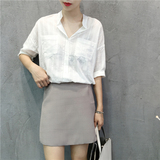 EKOOL立领宽松显瘦口袋衬衫 韩版夏季简约气质短袖衬衣女2件包邮