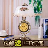 创意时尚美式台灯卧室床头灯复古中式带钟表可调光玻璃书桌老上海
