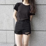 2016夏季新款韩版划破黑色牛仔短裤女高腰直筒破洞热裤女修身显瘦