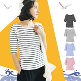 夏季新款2016半袖韩版修身纯棉一字领打底衫黑白条纹短袖t恤女
