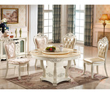 欧式天然大理石餐台家用餐厅白色圆形餐桌椅组合带转盘可旋转特价