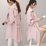 2016春装新品休闲宽松韩版中长款薄风衣女气质粉色七分袖雪纺外套