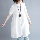 2016夏季新款女装包邮 韩版立领褶皱宽松白色中长款短袖长衬衫