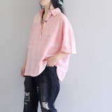 2016夏季新款女装  韩国正品纯棉翻领短袖格子套头大码中长款衬衫