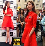 2016刘亦菲明星同款红色不规则a字连衣裙七分中袖收腰显瘦 欧洲站