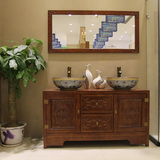 特价橡胶木中式浴室柜组合实木卫浴柜落地柜双盆古典洗手盆台盆柜