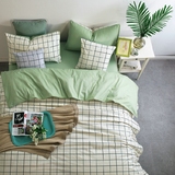 全国包邮 纯棉纯色简约格子床笠床单款床上用品件套 米色格子浅绿