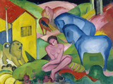 现代家居书房装饰画 动物油画蓝马梦境 马尔克Franz Marc表现主义