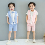 新款韩版夏季男童三件套儿童马甲衬衫套装中大童绅士领结西装礼服