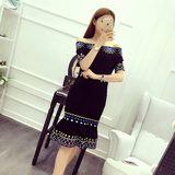 六公主 2016夏季新款韩版修身显瘦刺绣长裙一字领包臀针织连衣裙