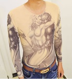 男士长袖纹身T恤 夏季霸气纹身衣 圆领个性印花图案超薄款修身t恤