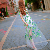 复古文艺夏季新品欧根纱连衣裙时尚气质绿色刺绣吊带长裙两件套潮