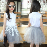 女童夏装2016新款韩版雪纺蕾丝T恤纱裙套装公主裙背心连衣裙童装