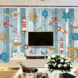 地中海蓝白条纹壁纸 海洋帆船电视沙发背景墙纸 主题公园大型壁画