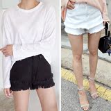 韩版夏季白色假两件牛仔短裤女双层流苏学生裤裙显瘦阔腿毛边热裤