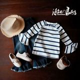 韩版 品质童装 女童 条纹喇叭大袖口长袖T恤 打底衫