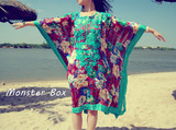 泰国波西米亚海边旅行民族风刺绣印花雪纺蝙蝠袖防晒衫连衣裙